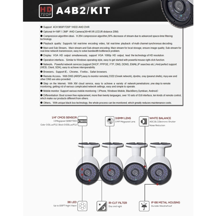 A4B2 4Ch Bullet IP Camera NVR Kit, Support Night Vision / Motion Detection, IR Distance: 20m, A4B2/Kit 720P, A4B2/Kit 1080P, A4B2/Kit 960P A4B2 4Ch Bullet IP Camera NVR Kit, Support Night Vision / Motion Detection, IR Distance: 20m, A4B2/Kit 720P, A4B2/Kit 1080P, A4B2/Kit 960P